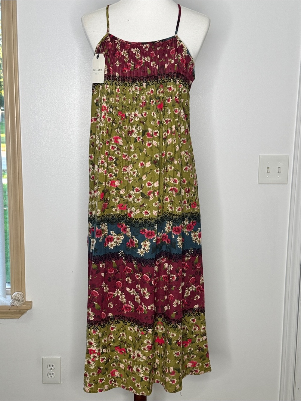 Womans Floral Tiered Maxi Dress with Spaghetti Straps - Olive & Burgundy